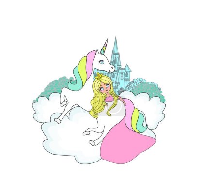 Illustration for Beautiful princess in a magical cloud with unicorn. - Royalty Free Image