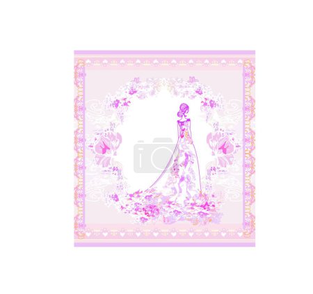 Téléchargez les illustrations : Belle carte ornée avec mariée élégante - en licence libre de droit