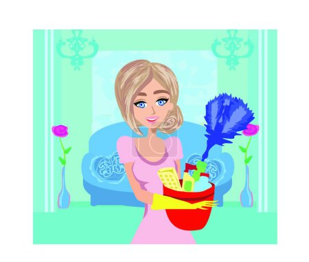 Téléchargez les illustrations : "Jeune femme de ménage tenant des fournitures de nettoyage " - en licence libre de droit