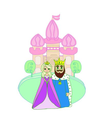 Illustration for King and queen in front of castle, colorful vector illustration - Royalty Free Image