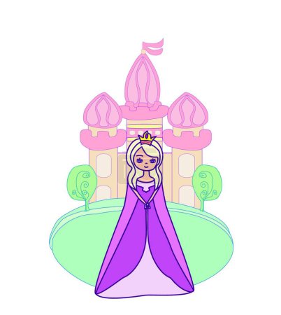 Illustration for Charming queen in front of castle, colorful vector illustration - Royalty Free Image