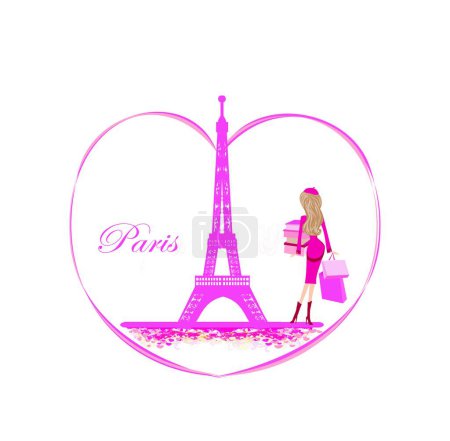 Illustration for Women Shopping in Paris Card - Royalty Free Image