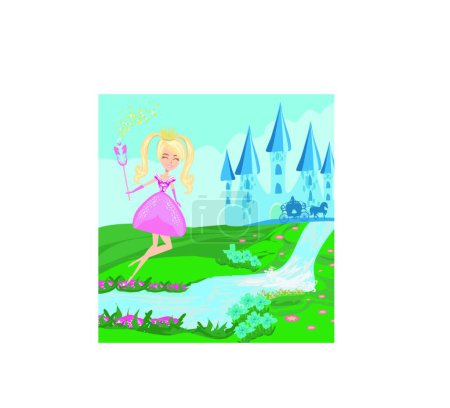 Illustration for Funny fairy and a medieval castle - Royalty Free Image