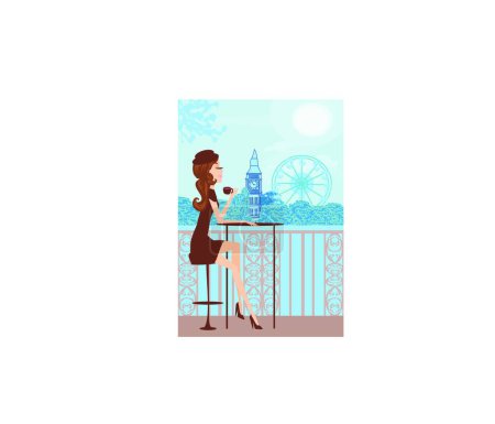 Téléchargez les illustrations : Jolie fille dans le café de Londres - en licence libre de droit