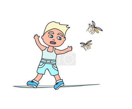 Illustration for Boy runs away from mosquitoes - Royalty Free Image