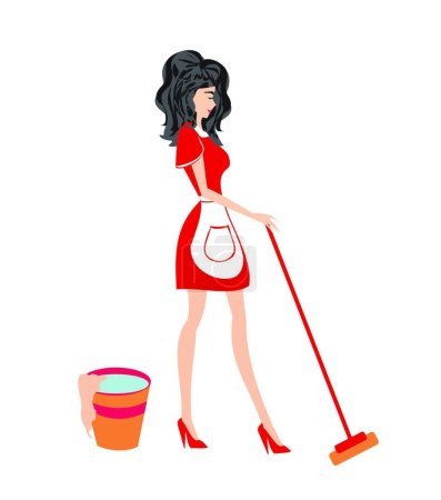 Illustration for Beautiful Housewife with a mop - Royalty Free Image