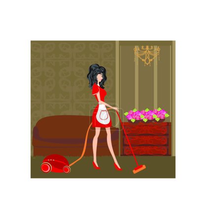 Illustration for Girl with vacuum cleaner, vector illustration - Royalty Free Image