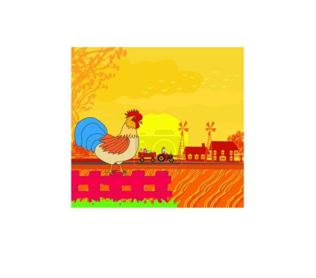Illustration for Rooster crowing on the fence - Royalty Free Image