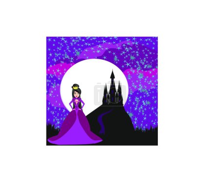 Ilustración de La hermosa reina se para frente al castillo por la noche - Imagen libre de derechos