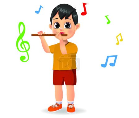 Téléchargez les illustrations : "mignon garçon jouer flûte vecteur" - en licence libre de droit