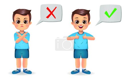 Illustration for "cute boy saying correct and wrong" - Royalty Free Image