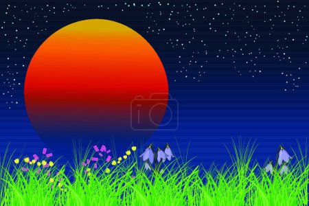 Illustration for "Beautiful night meadow with orange sun." - Royalty Free Image