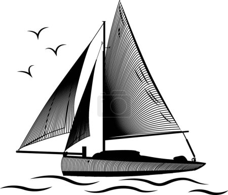Ilustración de Navegación en barco en un mar, ilustración vectorial gráfica - Imagen libre de derechos