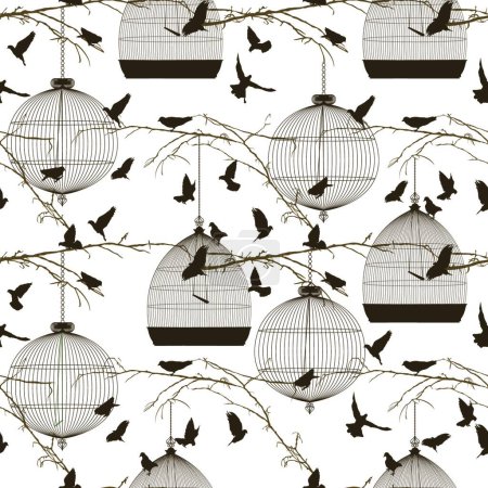 Illustration for Birds and cages pattern, graphic vector illustration - Royalty Free Image