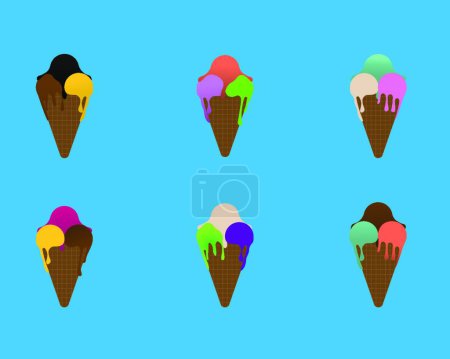 Téléchargez les illustrations : "Six cône de crème glacée avec une saveur fruitée en fond bleu" - en licence libre de droit