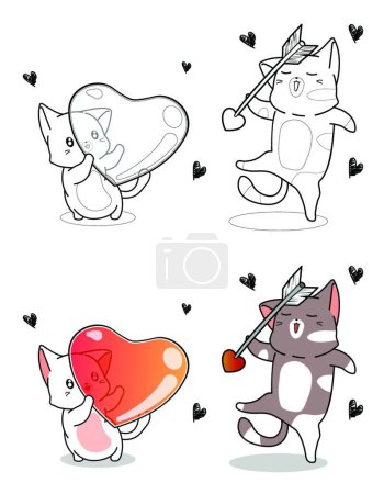 Illustration for "Kawaii cats are holding heart and arrow cartoon easily coloring page" - Royalty Free Image