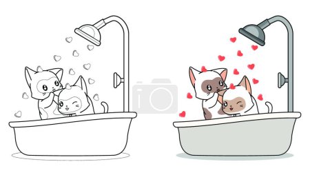 Téléchargez les illustrations : "Couple chat sont baignade dessin animé coloriage" - en licence libre de droit