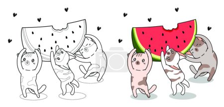 Illustration for "Cute cats are lifting big watermelon cartoon coloring page" - Royalty Free Image