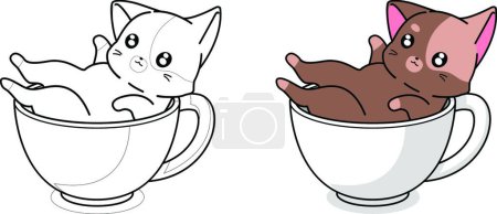 Téléchargez les illustrations : "Cute cat in cup of coffee cartoon coloring page" - en licence libre de droit