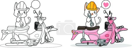 Illustration for "Cute cat is repairing a motorcycle cartoon coloring page" - Royalty Free Image