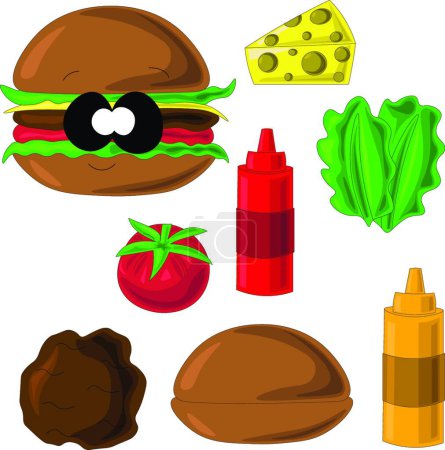 Ilustración de "Ingredientes para hacer sabrosa hamburguesa grande y jugosa" - Imagen libre de derechos