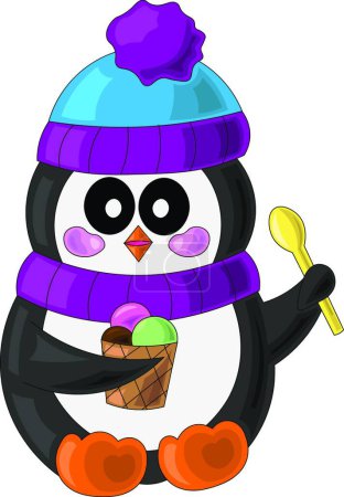 Téléchargez les illustrations : "Pingouin avec crème glacée dans le style dessin animé" - en licence libre de droit