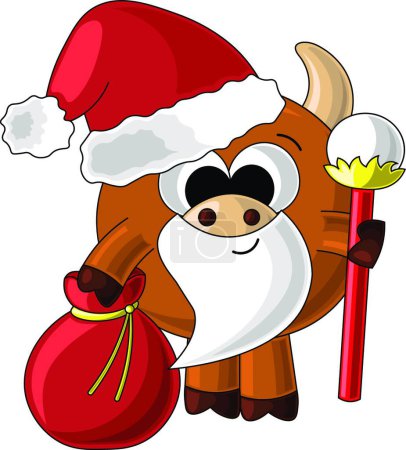 Téléchargez les illustrations : "Mignon taureau dessin animé Père Noël avec sac" - en licence libre de droit