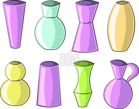 Téléchargez les illustrations : Set avec vases violet, bleu, jaune, vert et orange - en licence libre de droit