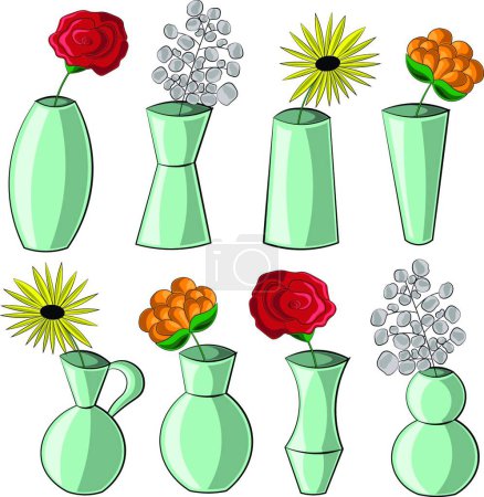 Ilustración de "Set con jarrones azules y diferentes flores" - Imagen libre de derechos