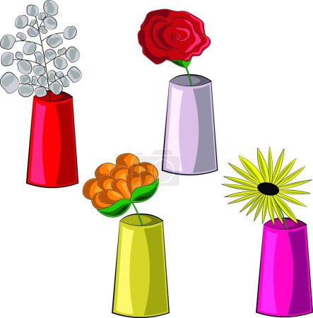 Ilustración de Set pequeño con diferentes jarrones y flores - Imagen libre de derechos