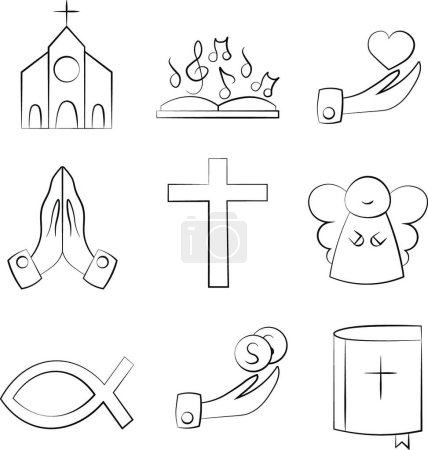Téléchargez les illustrations : "Ensemble d'icônes religieuses en noir et blanc" - en licence libre de droit
