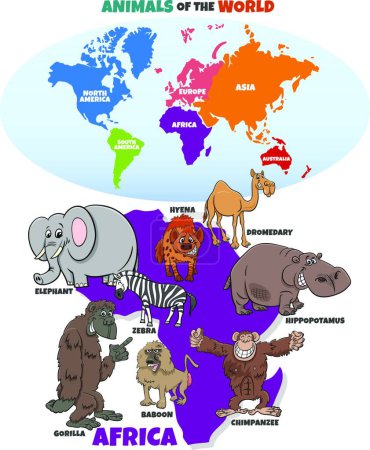 Ilustración de "educational illustration with African animals and continents map" - Imagen libre de derechos