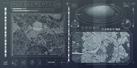Ilustración de "Un conjunto de elementos de mapas HUD para una interfaz futurista." - Imagen libre de derechos