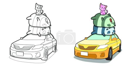 Ilustración de "Pandas y gato en la página para colorear de dibujos animados de coches para niños" - Imagen libre de derechos