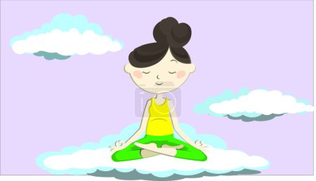 Illustration for "Illustration of an Asian girl doing yoga. There are clouds all around. Creative typographic poster." - Royalty Free Image
