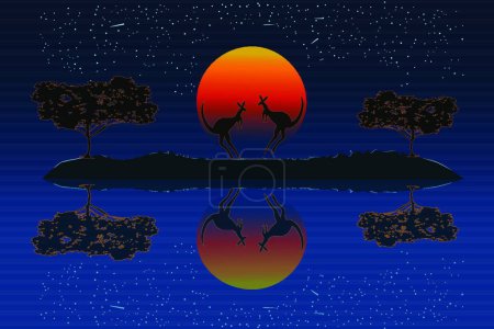 Illustration for "Couple of kangaroos in the Australian savanna at sunset." - Royalty Free Image