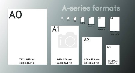 Illustration for A-series paper formats size, A0 A1 A2 A3 A4 A5 A6 A7 with labels and dimensions in milimeters. International standard ISO paper size proportions the actual real millimeter size. - Royalty Free Image