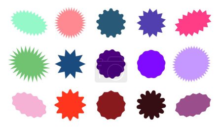Illustration for "Starburst colorful tag. Star burst badge vignette. Vector simple pink red green blue round collection" - Royalty Free Image