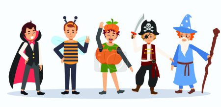 Téléchargez les illustrations : "Caricature vectorielle de personnages mignons d'Halloween. Enfants en costume d'Halloween. Halloween enfants." - en licence libre de droit