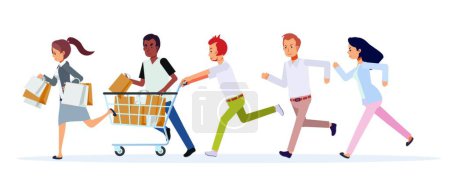 Illustration for "Women and men hurry run to sale. Flat commercial concept of promotion and discount. Black friday" - Royalty Free Image