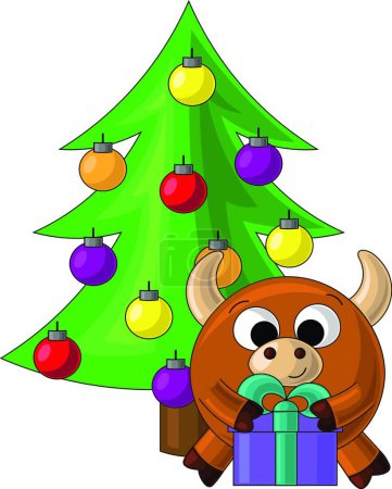 Illustration for "Cute cartoon little bull, Christmas tree and gift" - Royalty Free Image