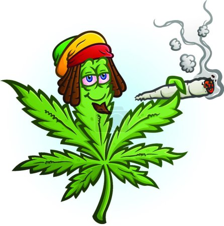 Téléchargez les illustrations : Marijuana personnage de bande dessinée Fumer un joint portant un chapeau de rastafari - en licence libre de droit