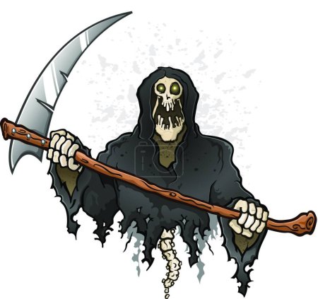 Téléchargez les illustrations : "Grim Reaper personnage de bande dessinée tenant une scission de la mort
" - en licence libre de droit