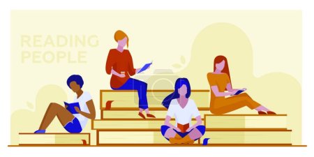 Illustration for "Four female students reading books ", graphic vector illustration" - Royalty Free Image