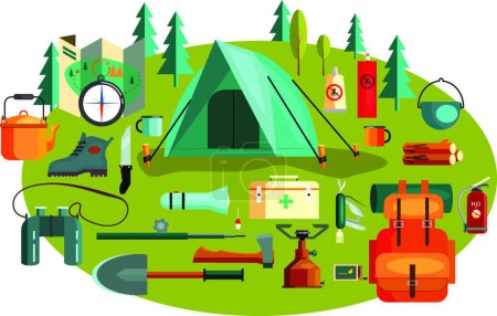 Téléchargez les illustrations : Ensemble d'outils et d'équipement de camping - en licence libre de droit