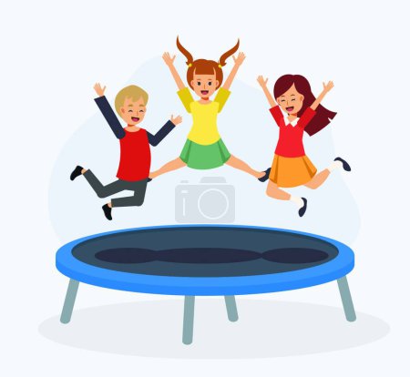 Téléchargez les illustrations : Les enfants sautent sur le trampoline. Happy Girls et Boy sautent ensemble sur le trampoline. Joyeux enfant jouant au trampoline. personnage de dessin animé vectoriel plat. - en licence libre de droit