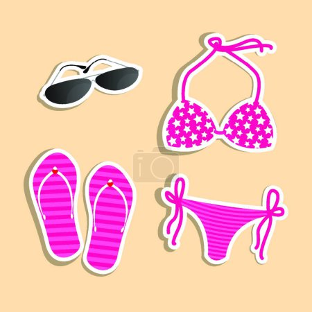 Téléchargez les illustrations : Bikini, lunettes de soleil, pantoufles illustration vectorielle - en licence libre de droit