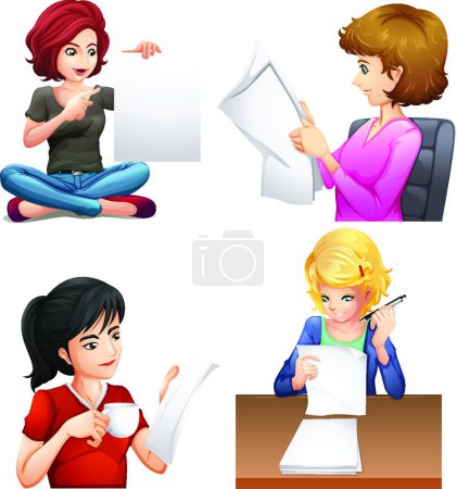 Ilustración de Cuatro mujeres ocupadas ilustración vector moderno - Imagen libre de derechos
