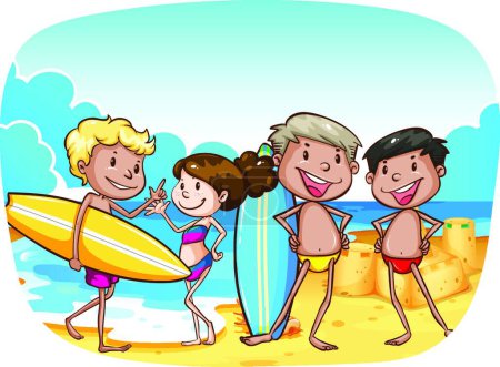 Ilustración de Playa con niños, ilustración vectorial colorido - Imagen libre de derechos