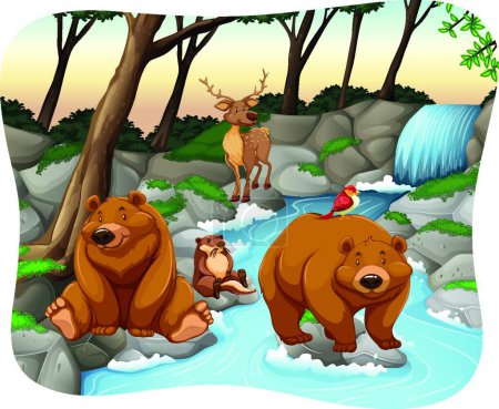 Téléchargez les illustrations : Cascade avec animaux de la forêt, illustration vectorielle conception simple - en licence libre de droit